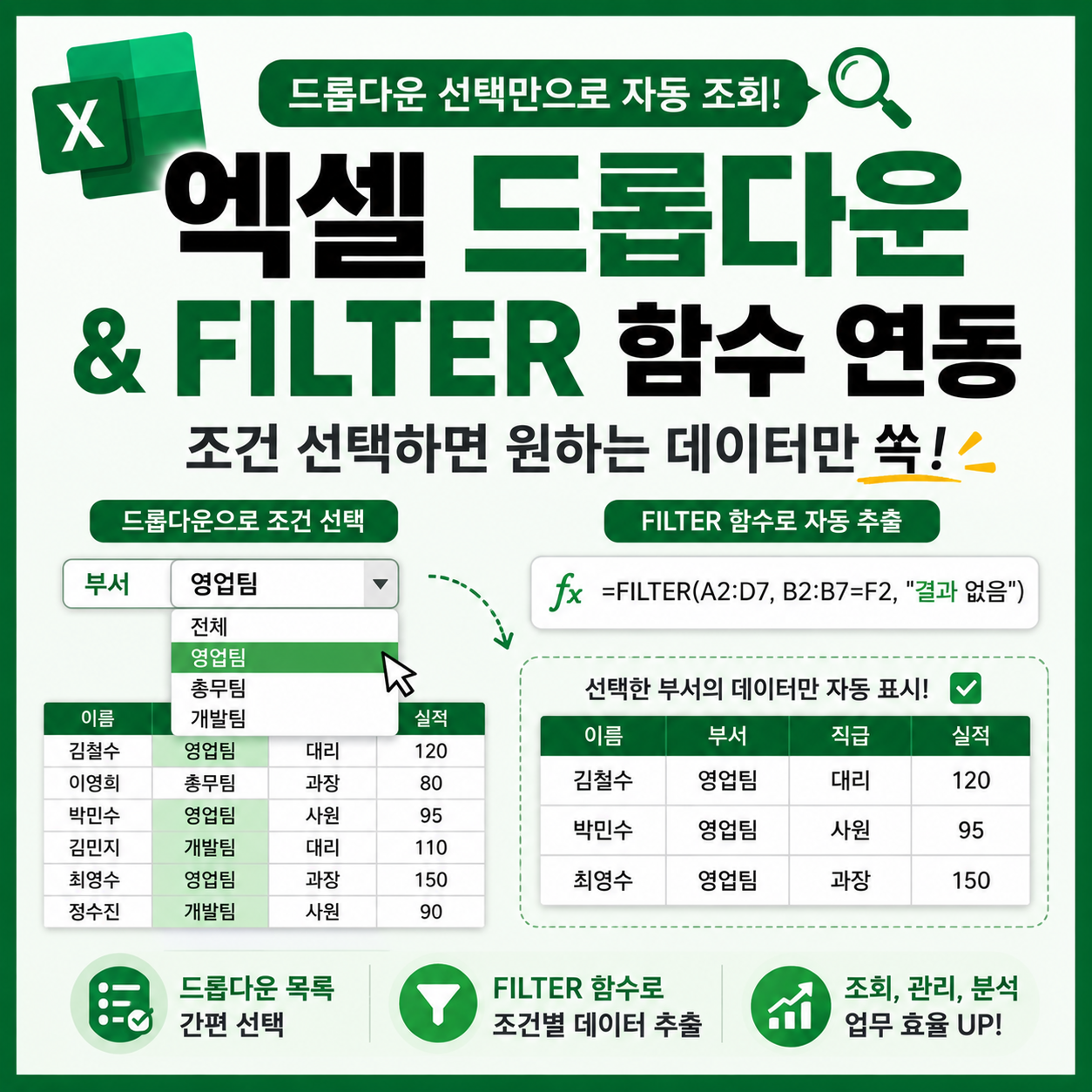 엑셀 드롭다운 목록과 FILTER 함수 연동